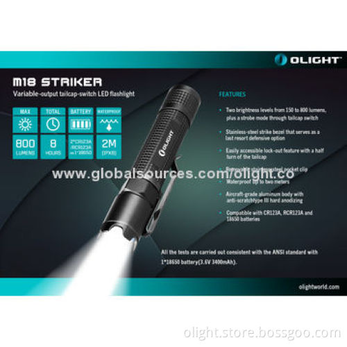 LED Flashlight, Self Defense with Strike Bezel, Tailcap Switch, 800lm Tactical